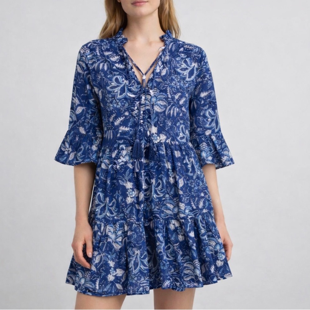 Jude Connally Blue Print Cotton Tierred Boho Dress Small